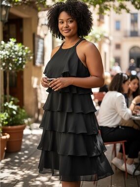 SL Fashions Black Tiered Halter Midi Dress